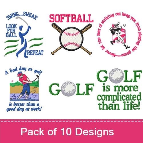 Sports and Golf Embroidery Designs Bundle – Golf Player, Hockey Emblem, Basketball Basket & More (10 Designs)