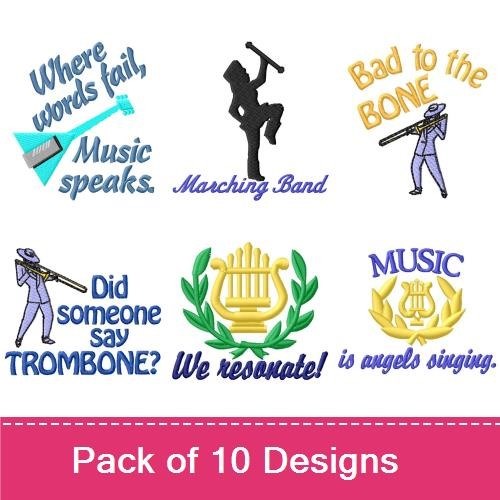 Music & Band Embroidery Designs Bundle – Music Notes, Saxy and I Know It, Marching Band & More (10 Designs)