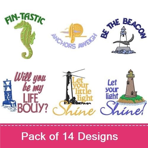 Nautical & Sea Life Embroidery Designs Bundle – Captain Wheel, Seahorses Forever, Forced to Work & More (14 Designs)
