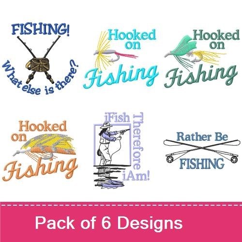 Fishing-Themed Embroidery Designs Bundle – Hooked on Fishing, Fishing Rod and Lure, Fishing! What else is there? & More (6 Designs)