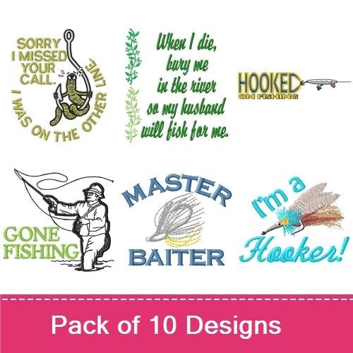 Fishing Phrases & Gear Embroidery Designs Bundle – Master Baiter, Hooked On Fishing, Gone Fishing & More (10 Designs)