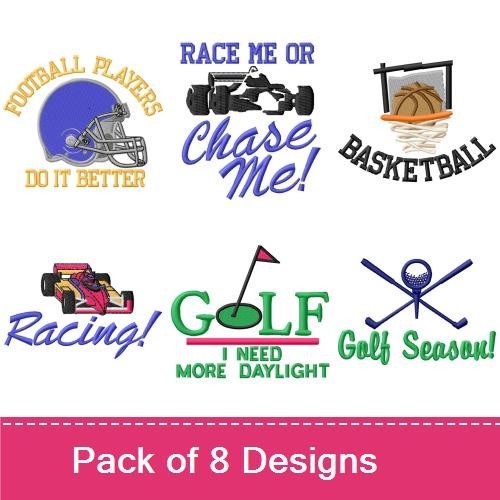 Sports & Racing Embroidery Designs Bundle – Golf, Football Player, Race Car & More (8 Designs)