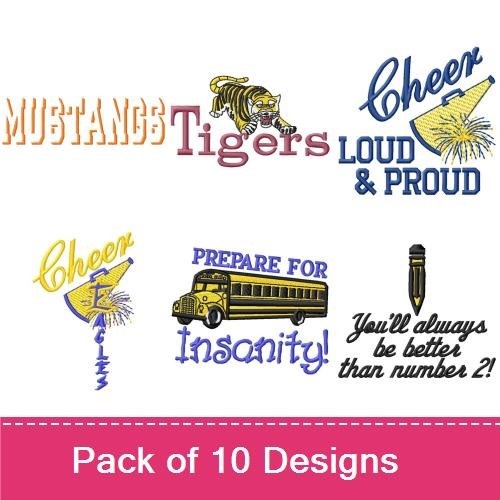 School Spirit Embroidery Bundle – Cheer Loud & Proud, An Apple for the Teacher, Bulldogs & More (10 Designs)