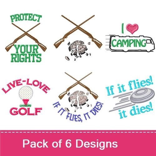 Outdoor Sports & Rights Embroidery Designs Bundle – If it flies! it dies!, Live-Love Golf, I Love Camping & More (6 Designs)