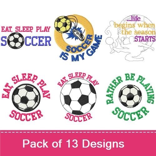 Soccer-Themed Embroidery Designs Bundle – Soccer Ball, Eat Sleep Play Soccer, Spirit & More (13 Designs)