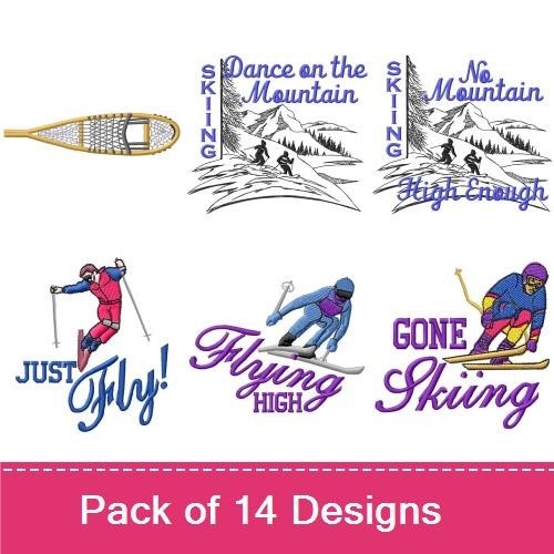Winter Skiing & Snow Sports Embroidery Designs Bundle – Dance on the Mountain, No Mountain High Enough & More (14 Designs)