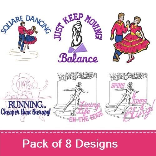 Active Lifestyle Embroidery Designs Bundle – Skiing, Running, Dancing & More (8 Designs)