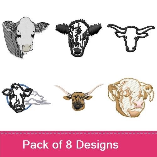 Farm Animal Embroidery Bundle – Cow Head, Longhorn Skull, Cow with Bell & More (8 Designs)