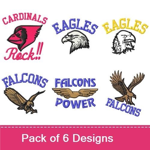 School Spirit Mascots Embroidery Bundle – Falcons, Eagles, Cardinals & More (6 Designs)
