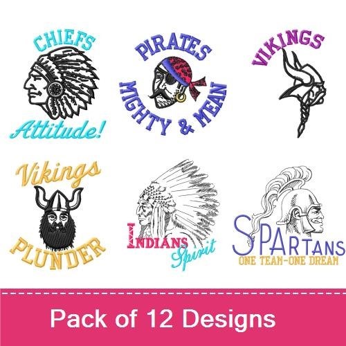 Vintage Warrior Mascots Embroidery Bundle – Vikings, Trojans, Chiefs, Spartans & More (12 Designs)