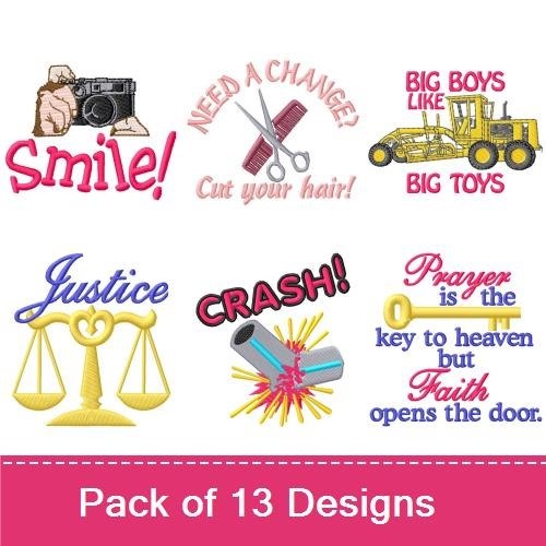 Occupations and Hobbies Embroidery Designs Bundle – Video Camera, Construction Equipment, Justice Scales & More (13 Designs)