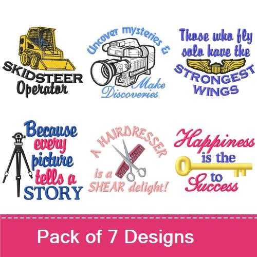 Occupational & Inspirational Embroidery Designs Bundle – Hairdresser Scissors, Skid Steer Operator, Camera & More (7 Designs)