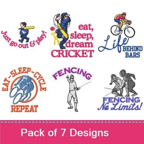 Active Sports Fun Embroidery Designs Bundle – Eat Sleep Dream Cricket, Just Go Out & Play, & More (7 Designs)