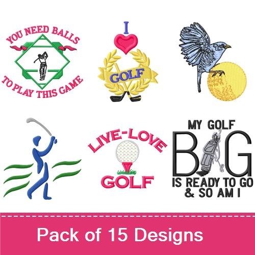 Golf Themed Embroidery Designs Bundle – Golf Clubs, Golfer Swinging, Funny Golf Quote & More (15 Designs)
