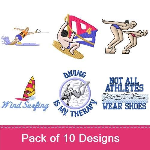 Water Sports Embroidery Designs Bundle – Diving, Surfing, Swimming, & More (10 Designs)