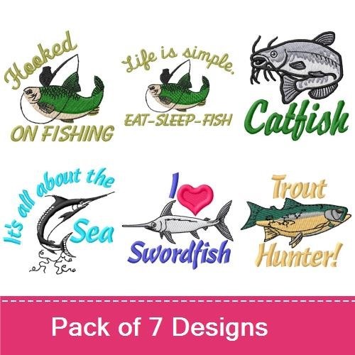 Fishing Fun Embroidery Designs Bundle – Catfish, Hooked On Fishing, Eat-Sleep-Fish & More (7 Designs)