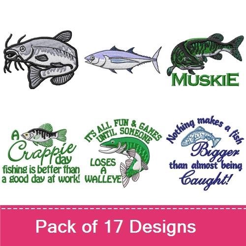 Fishing Themed Embroidery Designs Bundle – Muskie, Catfish, Bass, Salmon & More (17 Designs)