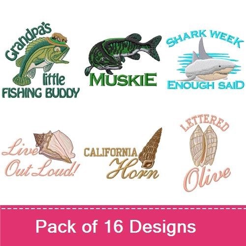Fishing and Sea Life Embroidery Bundle – Muskie, Shark, Trout, Fishing Buddy & More (16 Designs)