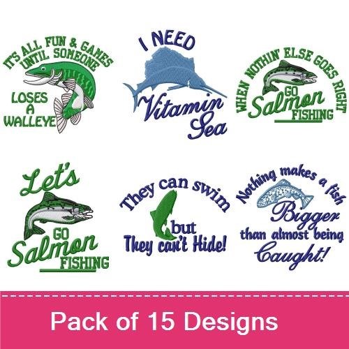 Fishing Themed Embroidery Designs Bundle – Great White Shark, Talk Tuna to Me, Have a Crappie Day & More (15 Designs)