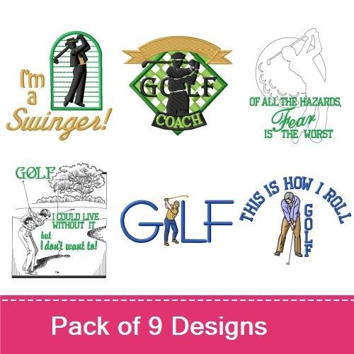 Golf-themed Embroidery Designs Bundle – Santa Golfer, Golf Coach, Golf Humor & More (9 Designs)