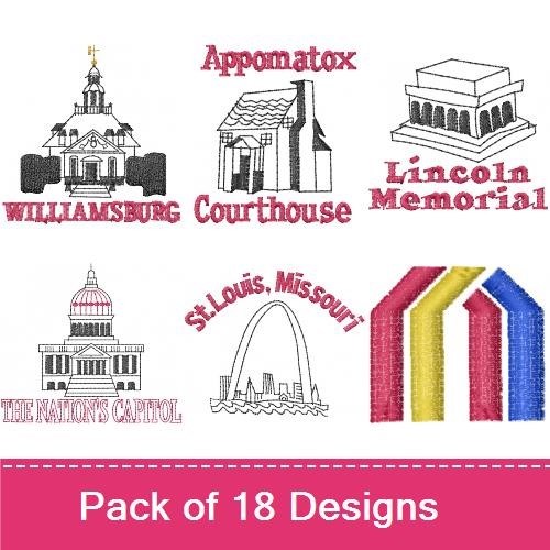 Historic Landmarks Embroidery Designs Bundle – St. Louis, Lincoln Memorial, Williamsburg & More (17 Designs)