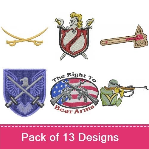 Military and Weaponry Embroidery Bundle – Rifle, Golden Scimitar, Knight Shield & More (13 Designs)