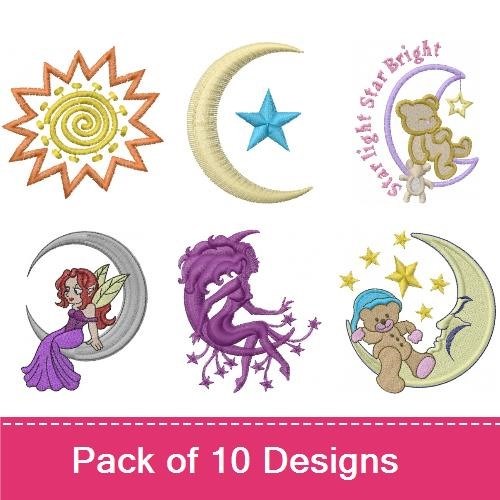 Moon and Stars Embroidery Designs Bundle – Goodnight Moon, Fairy on Moon, Crescent Moon & More (10 Designs)