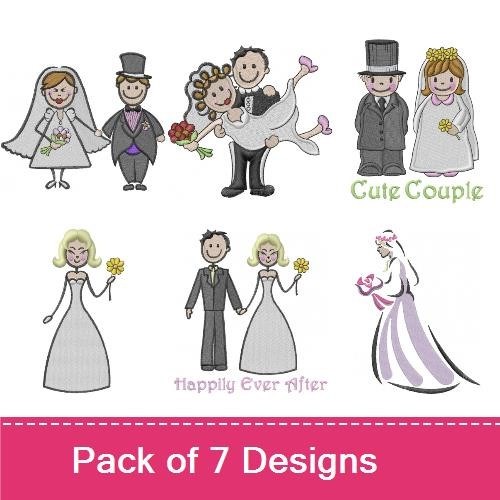 Whimsical Wedding Couples Embroidery Designs Bundle – Bride with Bouquet, Groom with Top Hat, Happy Couple & More (7 Designs)