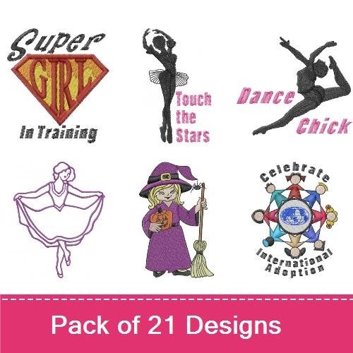 Girls Fun & Dance Embroidery Designs Bundle – Ballet Dancer Silhouette, Witch Character, Girl with Hat & More (21 Designs)