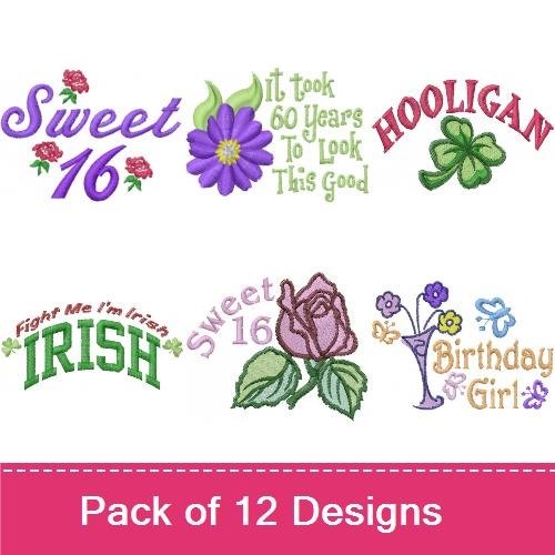 Floral & Birthday Embroidery Designs Bundle – Sweet 16 Rose, Birthday Girl, Cheerful Daisy & More (12 Designs)