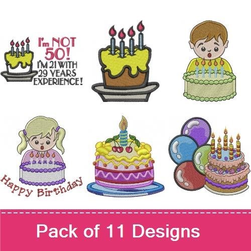 Birthday Celebration Embroidery Bundle – Birthday Cake with Candles, Happy Birthday with Kids, Child with Birthday Cake & More (11 Designs)