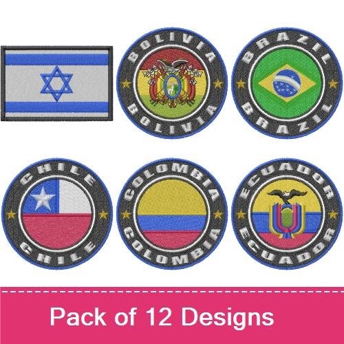 South American Countries Embroidery Bundle – Argentina Flag, Brazil Flag, South America Map & More (12 Designs)