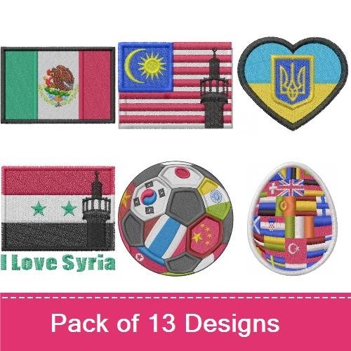 Soccer Flags Embroidery Bundle – Soccer Ball, Mexican Flag Patch, Ukrainian Heart Patch & More (10 Designs)