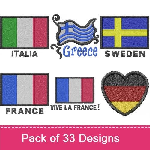 International Flags and Cities Embroidery Designs Bundle – Italia Flag, South Africa Flag, New Zealand Flag & More (29 Designs)