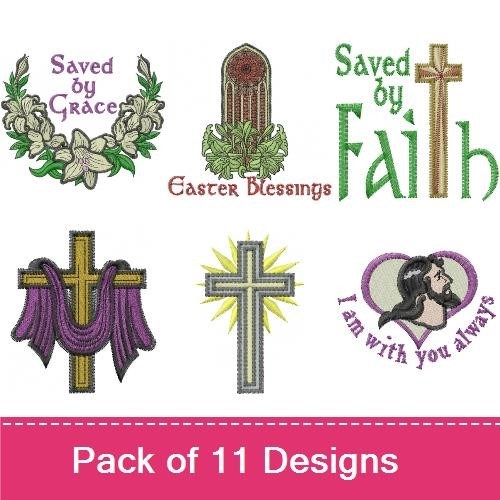 Faith-Themed Cross Embroidery Designs Bundle – Saved by Faith, Cross with Flowers, Jesus Saves & More (11 Designs)