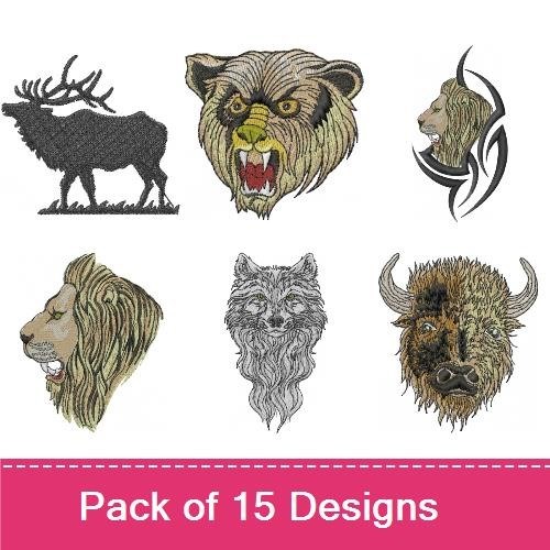 Wildlife Animal Heads Embroidery Bundle – Lion, Bear, Moose, Wolf & More (15 Designs)