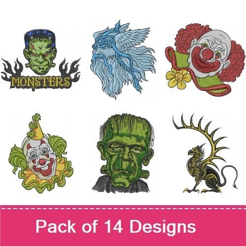 Classic Monsters & Holiday Characters Embroidery Designs Bundle – Clown, Frankenstein, Santa, Easter Bunny & More (14 Designs)