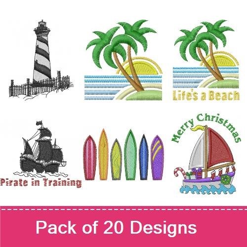 Beach and Nautical Embroidery Designs Bundle – Lighthouse, Teddy Bear, Beach Umbrella & More (18 Designs)