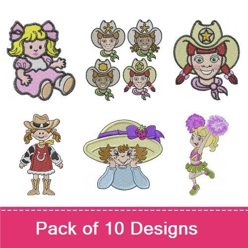 Cute Girls & Cowgirls Embroidery Bundle – Cowgirl with Hat, Girl with Ponytail & More (10 Designs)
