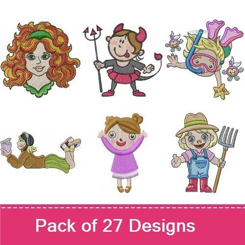 Whimsical Girls Characters Embroidery Designs Bundle – Blonde Girl with Bow, Brunette Girl with Flower, Girl in Pink Dress & More (27 Designs)