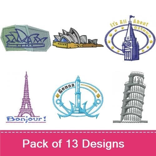 European Landmarks Embroidery Designs Bundle – Eiffel Tower, Sydney Opera House, Leaning Tower of Pisa & More (9 Designs)