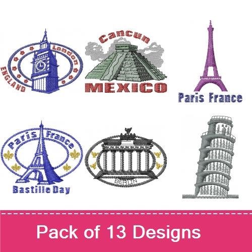 World Landmarks Embroidery Designs Bundle – Eiffel Tower, Sydney Opera House, Big Ben & More (10 Designs)