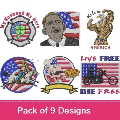 Patriotic Americana Embroidery Designs Bundle – American Veteran Emblem, Barack Obama Portrait, Shamrock Design & More (9 Designs)
