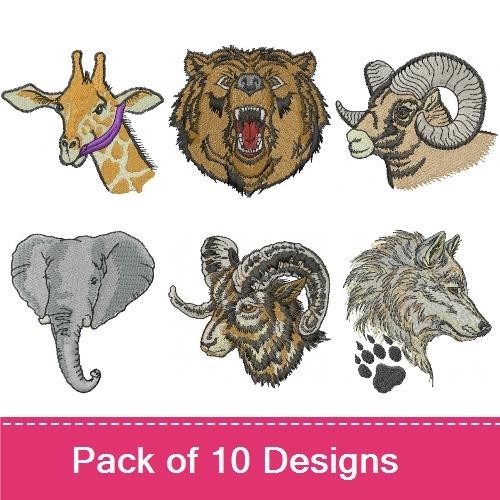 Wildlife Animal Faces Embroidery Bundle – Bighorn Sheep, Giraffe, Lion & More (10 Designs)