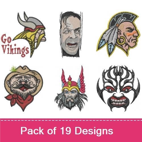 Warrior Faces Embroidery Designs Bundle – Viking Warrior, Native American Warrior, Cowboy Face & More (18 Designs)
