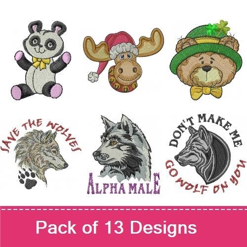 Cute and Wild Animal Friends Embroidery Designs Bundle – Teddy Bear, Panda Bear, Wolf & More (13 Designs)