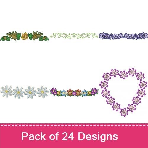Elegant Floral Embroidery Bundle – Floral Vine Border, Leafy Decorative Border, Heart Flourish & More (23 Designs)