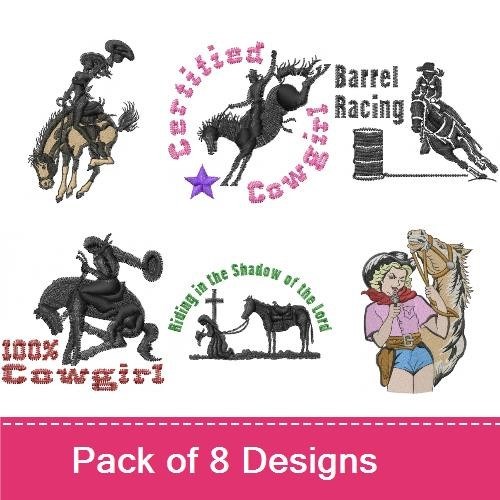 Cowgirl & Western Horse Embroidery Bundle – Riding in the Shadow of the Lord, Horse with Cross, Barrel Racing & More (8 Designs)