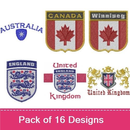 International Country Crests Embroidery Bundle – England Crest, Canada Crest, Winnipeg Crest & More (15 Designs)