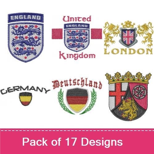 European Heritage Crests Embroidery Designs Bundle – England Crest, Berlin Crest, German Eagle Crest & More (16 Designs)